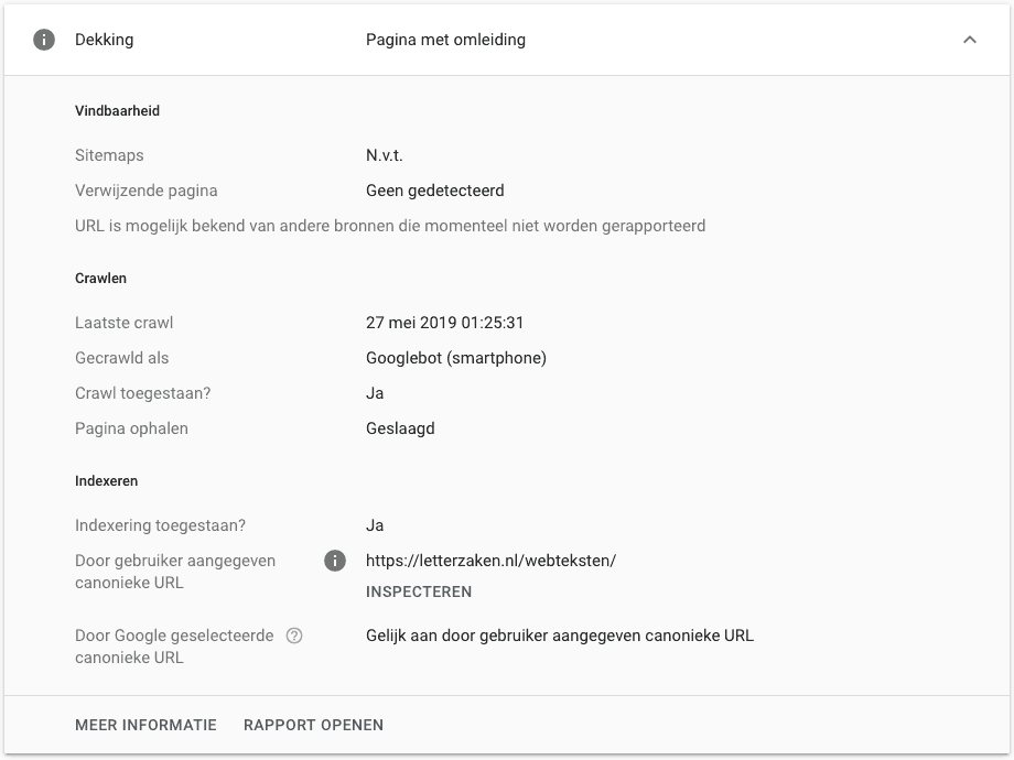 Bevestiging van crawlen door Googlebot smartphone in Google Search Console via URL-inspectie.