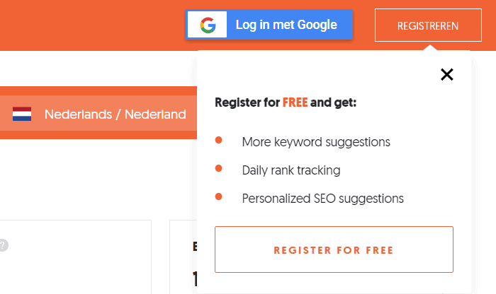 Pop-up met aanbeveling om je aan te melden voor een gratis account op Ubersuggest.
