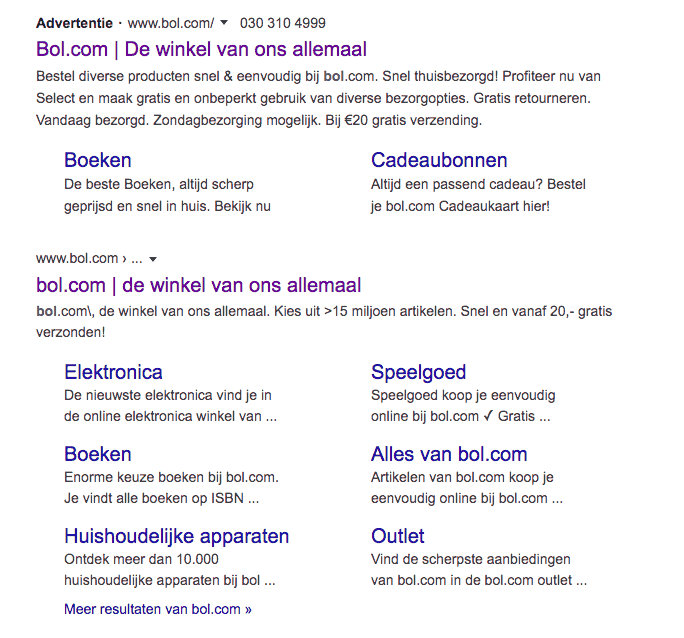 Vetgedrukt Advertentie in Google desktop zoekresultaat.