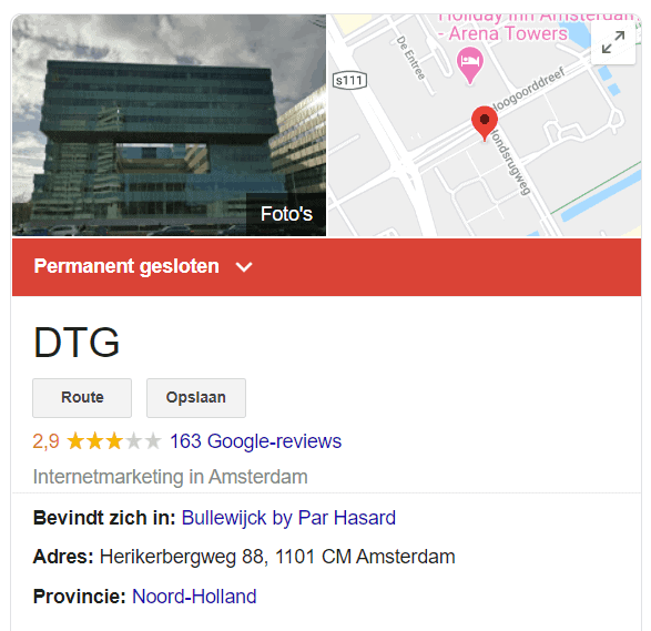 De Google Knowledge Panel van DTG Amsterdam geeft aan dat het bedrijf hier permanent gesloten is.