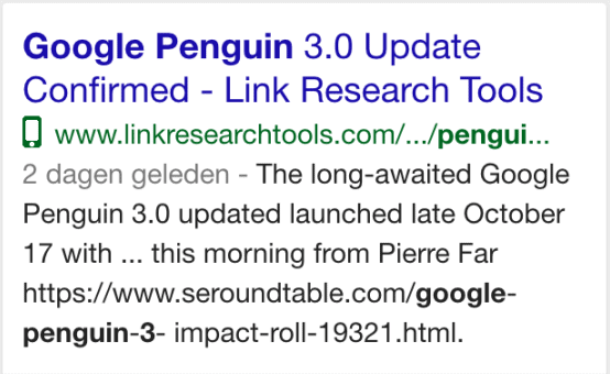 Mobiel zoekresultaat met icoontje van een mobiele telefoon als teken van mobielvriendelijke webpagina.