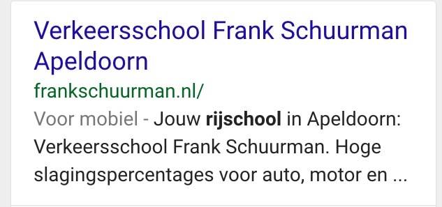 Google plaatste ooit 'Voor mobiel' net voor de meta-omschrijving in de mobiele zoekresultaten als signaal voor mobielvriendelijke websites.