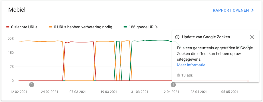 Annotatie in Search Console in april 2021: "Er is een gebeurtenis opgetreden in Google Zoeken die effect kan hebben op uw sitegegevens."