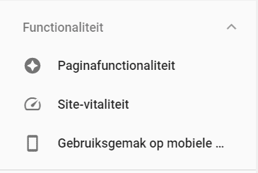 Onderdeel 'Functionaliteit' in Google Search Console, met daarin de Site-vitaliteit.