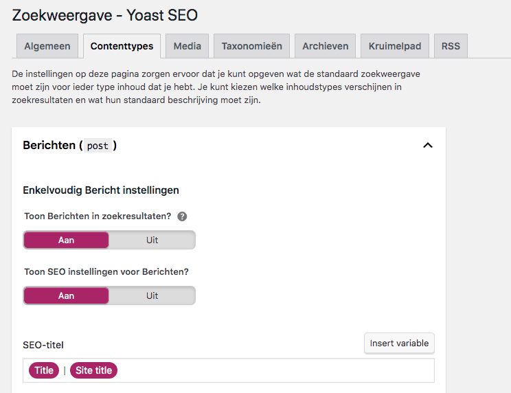 Screenshot van tabblad Zoekweergave in Yoast SEO, waar je variabelen instelt en daar ook handmatig elementen in kunt zetten. In dit voorbeeld is de variabele 'Separator' vervangen door de zogenaamde pipe.