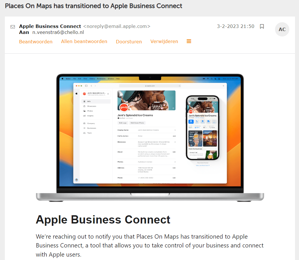 Mail van Apple gedateerd op 3 februari 2023 met onderwerpregel "Places On Maps has transitioned to Apple Business Connect", een mock-up van een MacBook Pro met een screenshot van een bedrijfsvermelding en de eerste zin uit de mail waarin aangegeven wordt dat Places On Maps nu Apple Business Connect is.