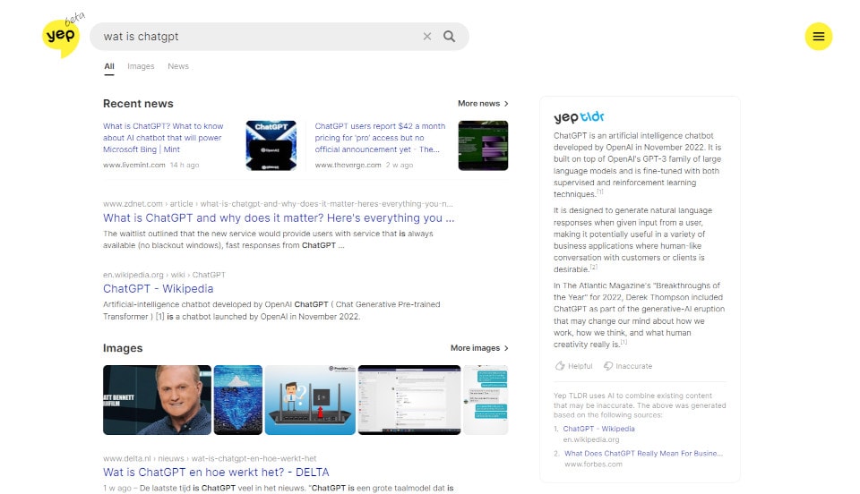 Zoekresultaat van zoekmachine Yep voor zoekopdracht "Wat is ChatGPT" met rechts een blok met de TLDR. Onderaan het blok wordt verwezen en gelinkt naar Wikipedia en Forbes als bronnen.